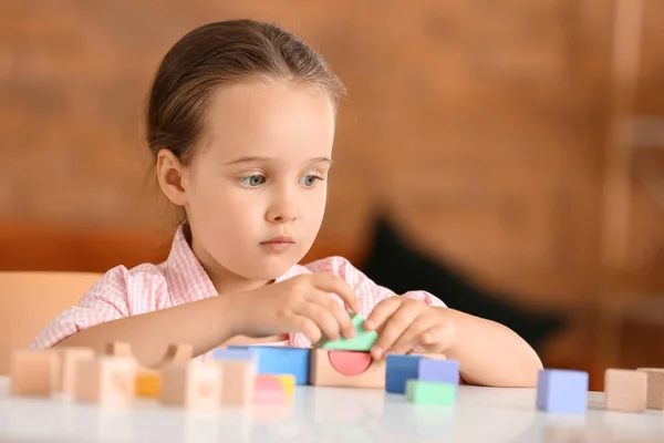 Little Girl Autistic Disorder Playing Blocks Home — Stock Photo, Image