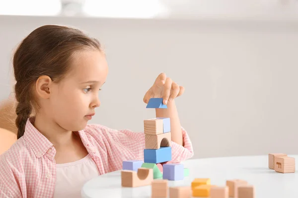 Little Girl Autistic Disorder Playing Blocks Home — Stock Photo, Image