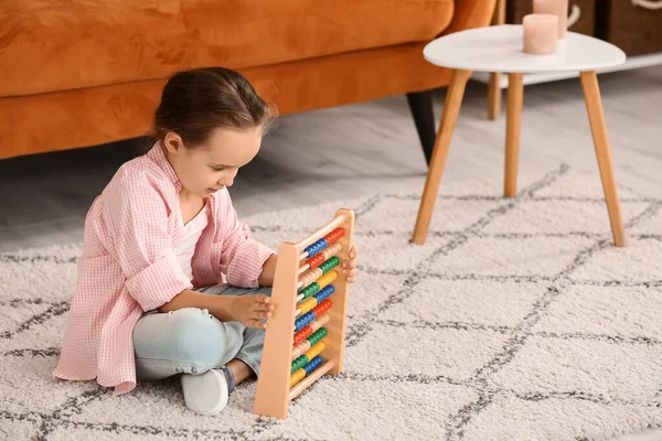 Little Girl Autistic Disorder Playing Abacus Home — Stock Photo, Image