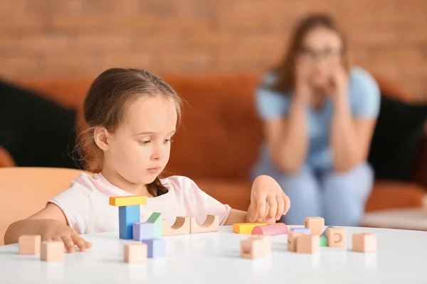 Little Girl Autistic Disorder Playing Blocks Home — Stock Photo, Image