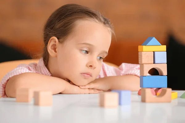 Sad Little Girl Autistic Disorder Playing Blocks Home — Stock Photo, Image