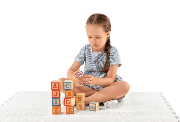 Little Girl Autistic Disorder Playing Cubes White Background — Stock Photo, Image