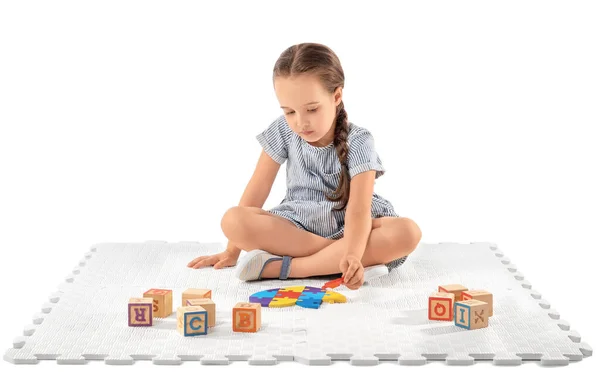 Little Girl Autistic Disorder Doing Puzzle White Background — Stock Photo, Image