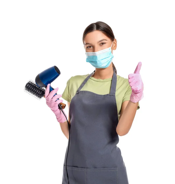 Happy Female Hairdresser Wearing Medical Mask White Background Coronavirus Epidemic — Stock Photo, Image