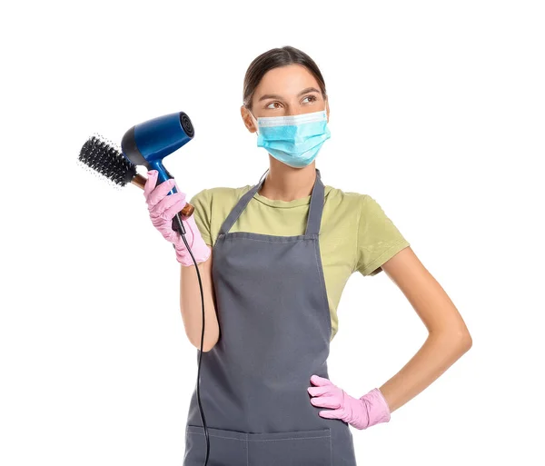 Friseurin Mit Medizinischer Maske Auf Weißem Hintergrund Coronavirus Epidemie — Stockfoto