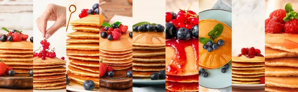 Kolase Foto Dengan Pancake Manis Dan Berry — Stok Foto