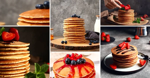 Kolase Foto Dengan Pancake Manis Dan Berry — Stok Foto