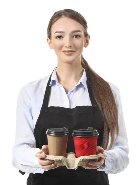 Jonge Vrouwelijke Barista Witte Achtergrond — Stockfoto