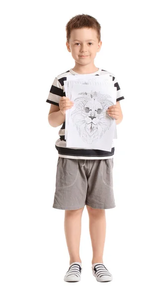 Cute Little Boy Coloring Picture White Background — Stock Photo, Image