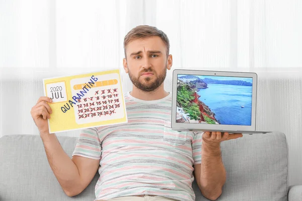Young Man Calendar Laptop Dreaming Vacation Quarantine Home — Stock Photo, Image