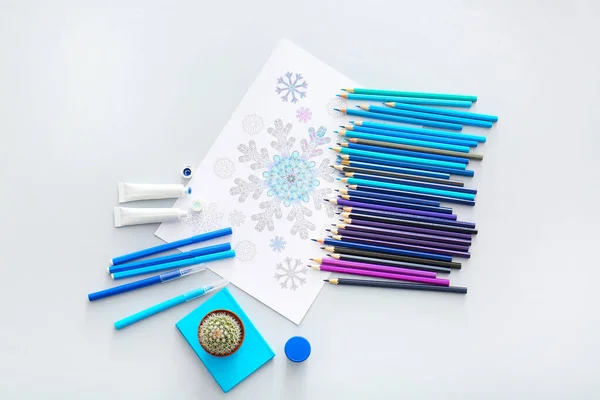 Coloring Picture Pencils Paints Table — Stock Photo, Image