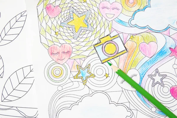 Coloring Pictures Table Closeup — Stock Photo, Image