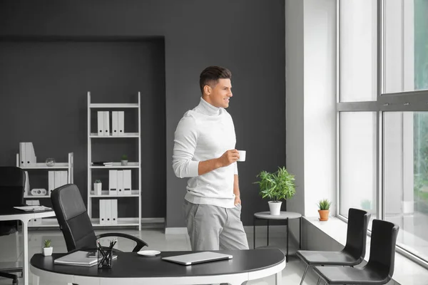 Young Man Drinking Coffee Office — Stock Photo, Image