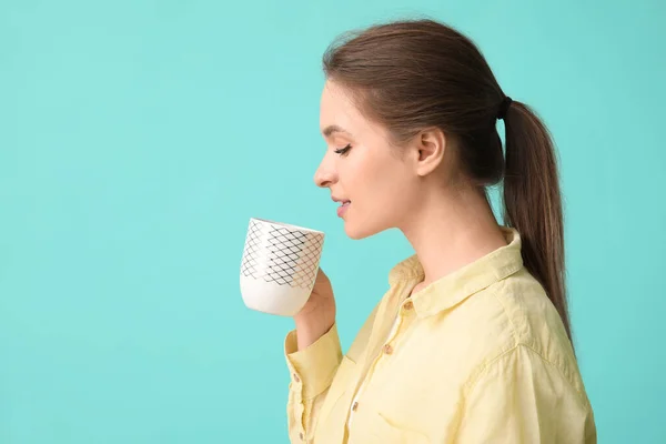 Beautiful Young Woman Cup Tea Color Background — Stock Photo, Image