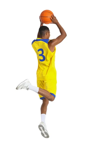 Saltando Jogador Basquete Afro Americano Fundo Branco — Fotografia de Stock