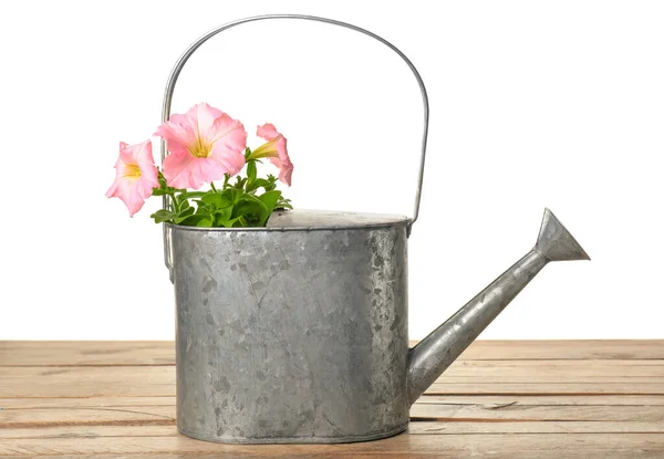 Watering Can Flowers Table White Background — Stock Photo, Image