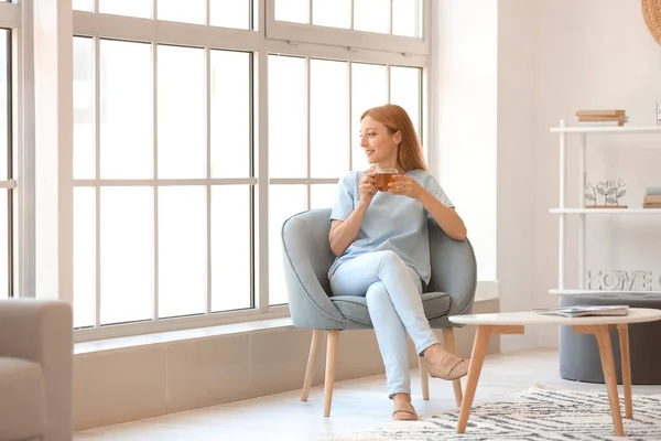 Beautiful Woman Drinking Tea Home — Stock Photo, Image