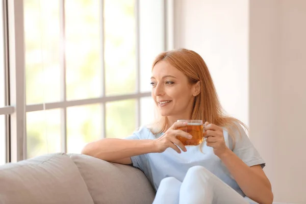 Beautiful Woman Drinking Tea Home — Stock Photo, Image