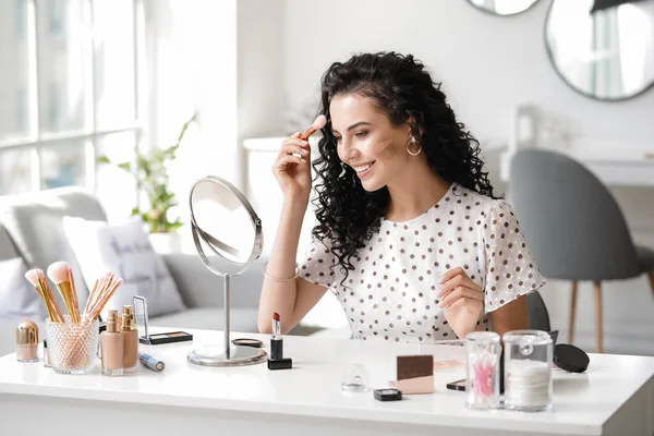 Beautiful Young Woman Applying Foundation Home — Stock Photo, Image