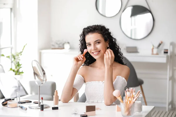 Beautiful Young Woman Applying Foundation Home — Stock Photo, Image