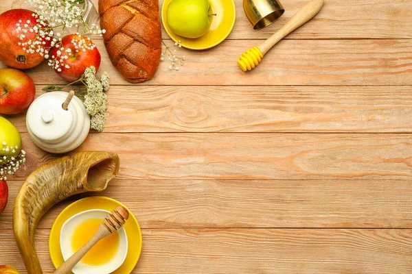 Sammansättning För Rosh Hashanah Judisk Nyår Firande Trä Bakgrund — Stockfoto