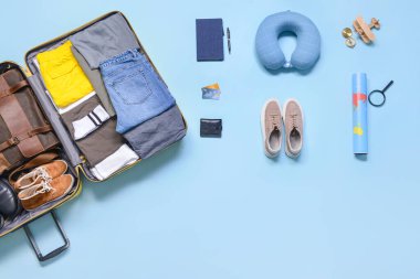 Renk arkaplanındaki seyahat aksesuarları