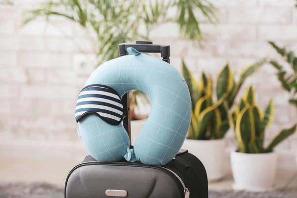 Travel Pillow Sleep Mask Suitcase Floor Room — Stock Photo, Image