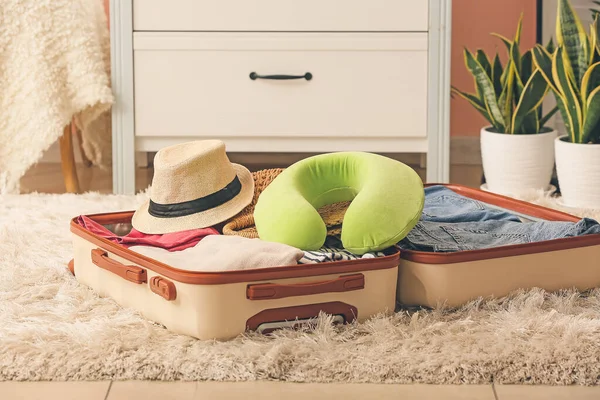 Travel Pillow Open Suitcase Floor Room — Stock Photo, Image