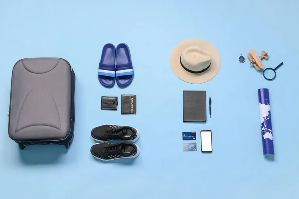 Set Travel Accessories Color Background — Stock Photo, Image
