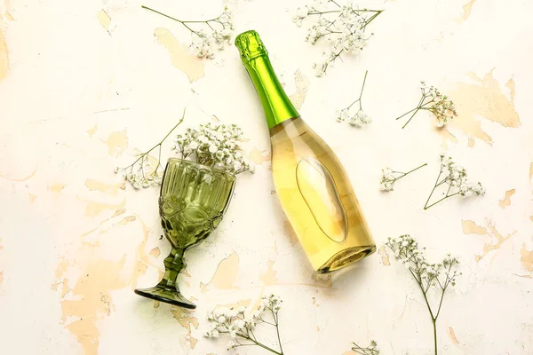 Bottle Champagne Glass Flowers Light Background — Stock Photo, Image
