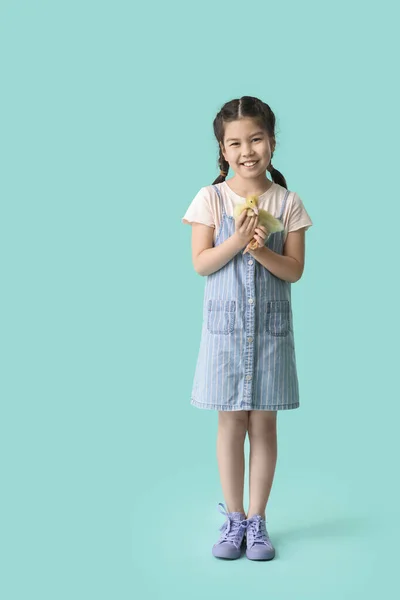 Klein Meisje Met Schattig Eendje Kleur Achtergrond — Stockfoto