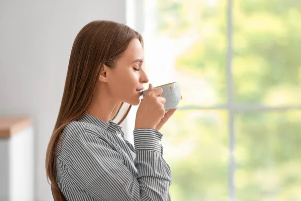 Beautiful Young Woman Drinking Tea Home — Stock Photo, Image