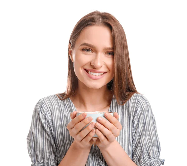 Schöne Junge Frau Mit Einer Tasse Tee Auf Weißem Hintergrund — Stockfoto