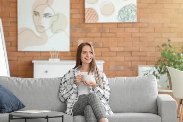 Beautiful Young Woman Drinking Tea Home — Stock Photo, Image