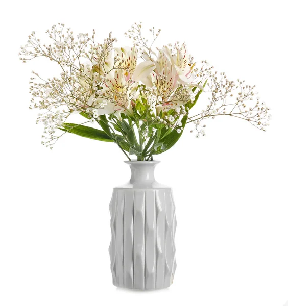 Mooie Vaas Met Bloemen Witte Achtergrond — Stockfoto