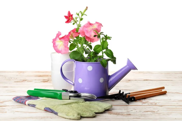 Gardening Tools Table White Background — Stock Photo, Image