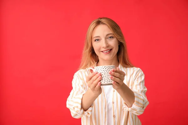 Beautiful Woman Cup Tea Color Background — Stock Photo, Image