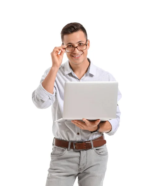 Männlicher Programmierer Mit Laptop Auf Weißem Hintergrund — Stockfoto