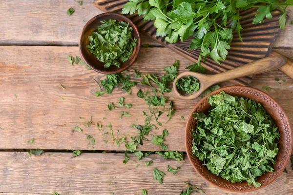 Tigelas Com Salsa Seca Mesa — Fotografia de Stock