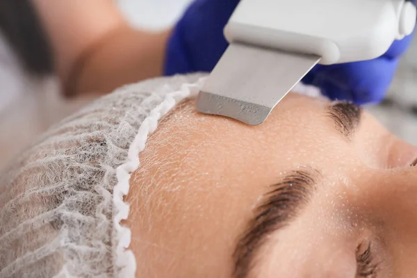 Woman Undergoing Procedure Facial Peeling Beauty Salon Closeup — Stock Photo, Image