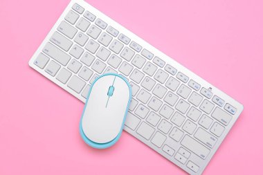 Renk arkaplanındaki modern bilgisayar faresi ve klavyesi