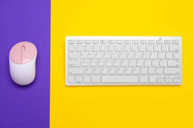 Renk arkaplanındaki modern bilgisayar faresi ve klavyesi