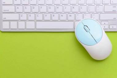 Renk arkaplanındaki modern bilgisayar faresi ve klavyesi