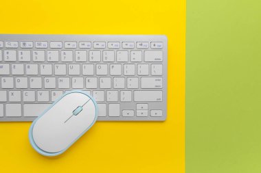 Renk arkaplanındaki modern bilgisayar faresi ve klavyesi