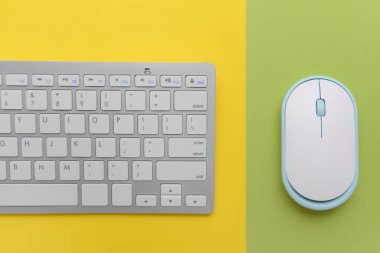 Renk arkaplanındaki modern bilgisayar faresi ve klavyesi