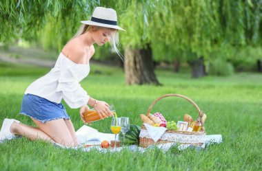 Parkta piknikte olan genç bir kadın.