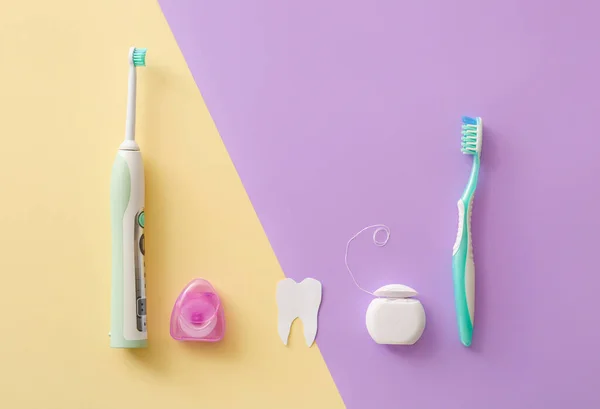 Tooth Brushes Floss Color Background — Stock Photo, Image