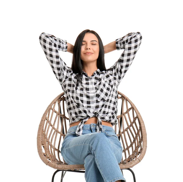 Young Woman Relaxing Armchair White Background — Stock Photo, Image