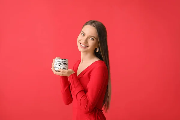 Beautiful Young Woman Cup Tea Color Background — Stock Photo, Image