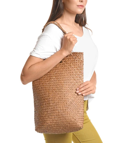 Beautiful Young Woman Wicker Bag White Background — Stock Photo, Image
